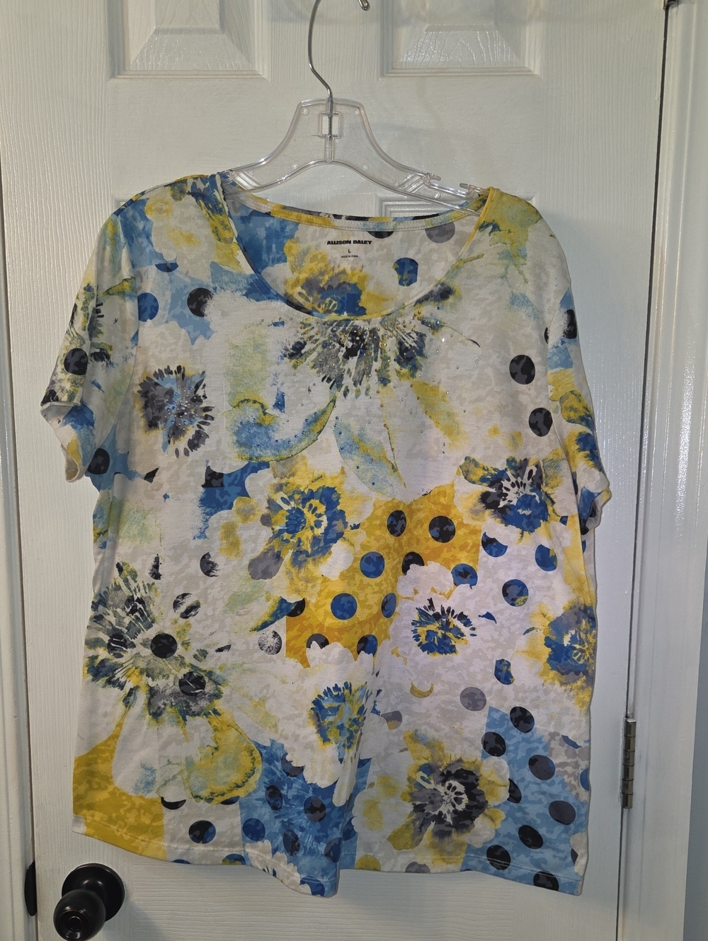 Allison Daley Blue, Yellow & White Short Sleeve Floral Polka Tee